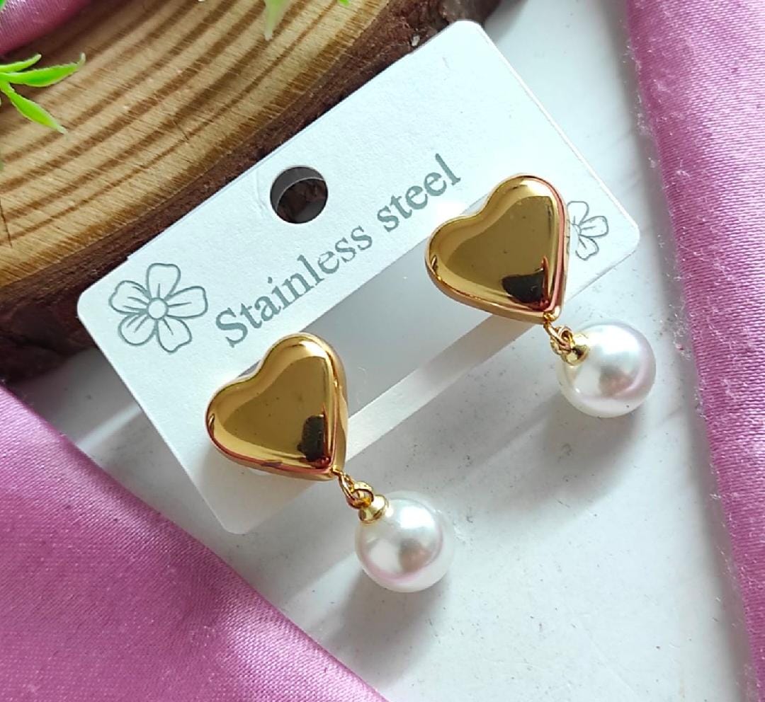 Pearl Drop Heart Anti Tarnish Earrings