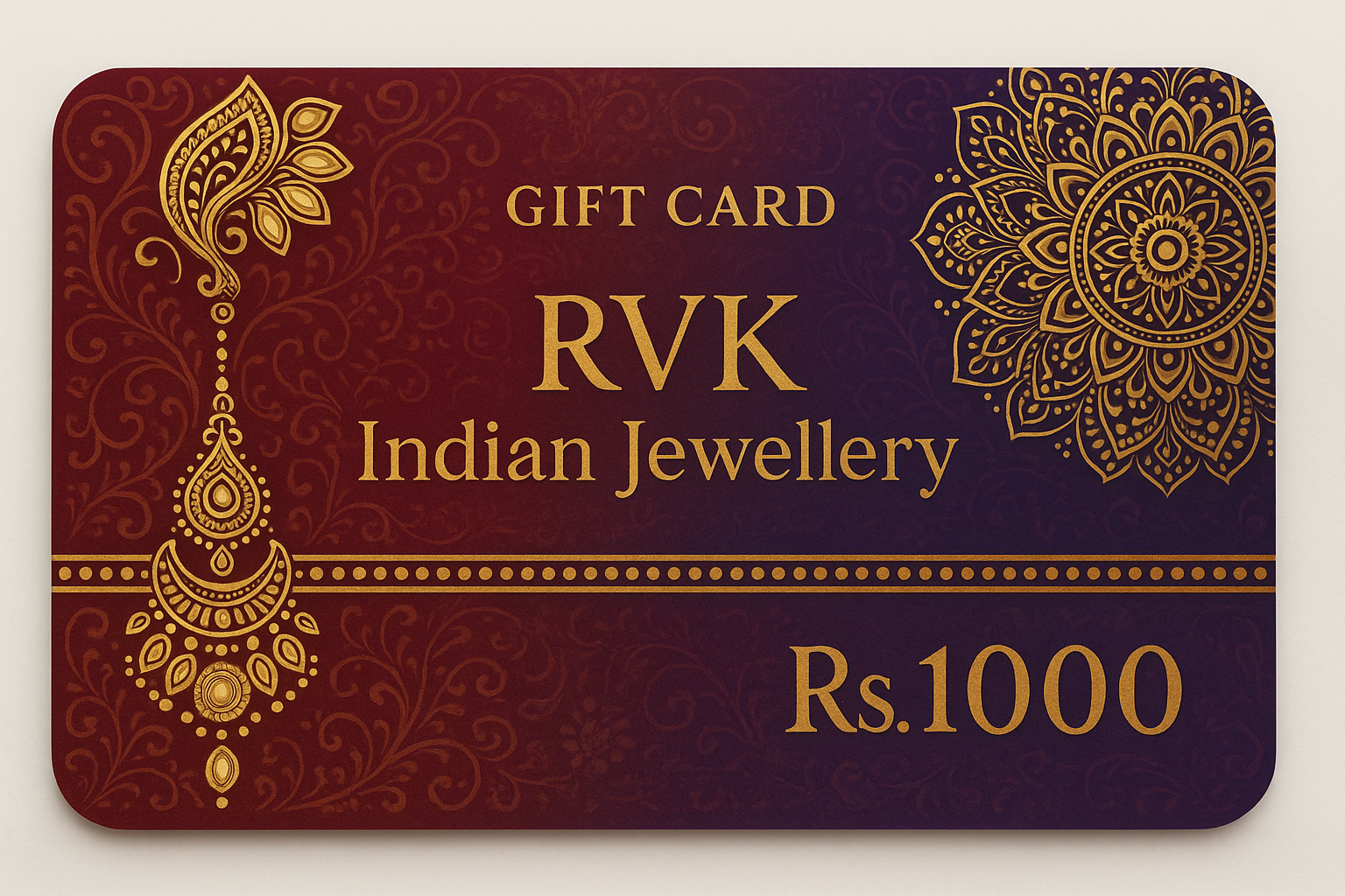 Generate image for Gift Card from "RVK Indian Jewellery" of value Rs. 1000