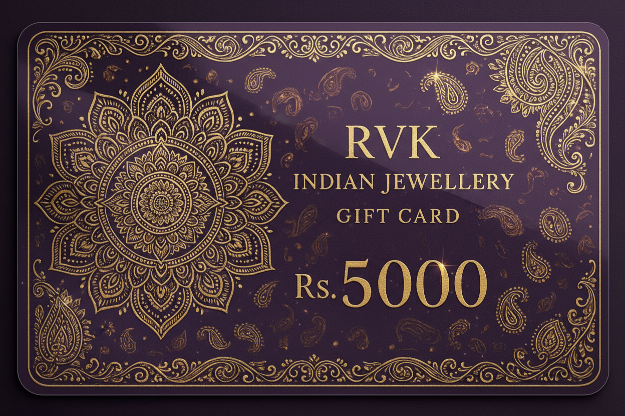 Generate gift card image from "RVK Indian Jewellery" of Rs. 5000 The image should be very elegant and exclusive with royal purple color