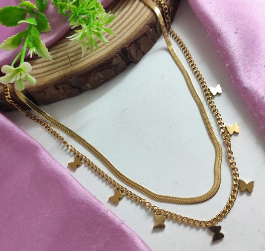 Anti Tarnish Double Chain Butterfly Necklace
