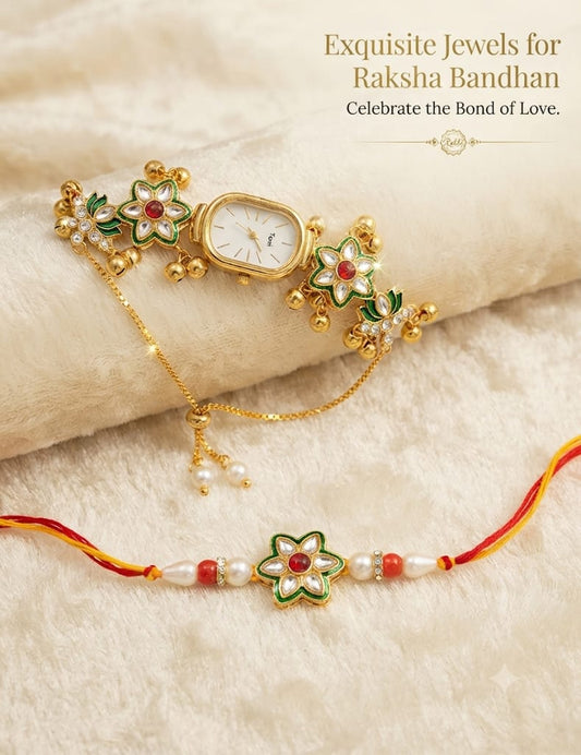 Bhaiya Bhabhi Rakhi Combo with Floral Bracelet Watch – Raksha Bandhan Special Gift Set
